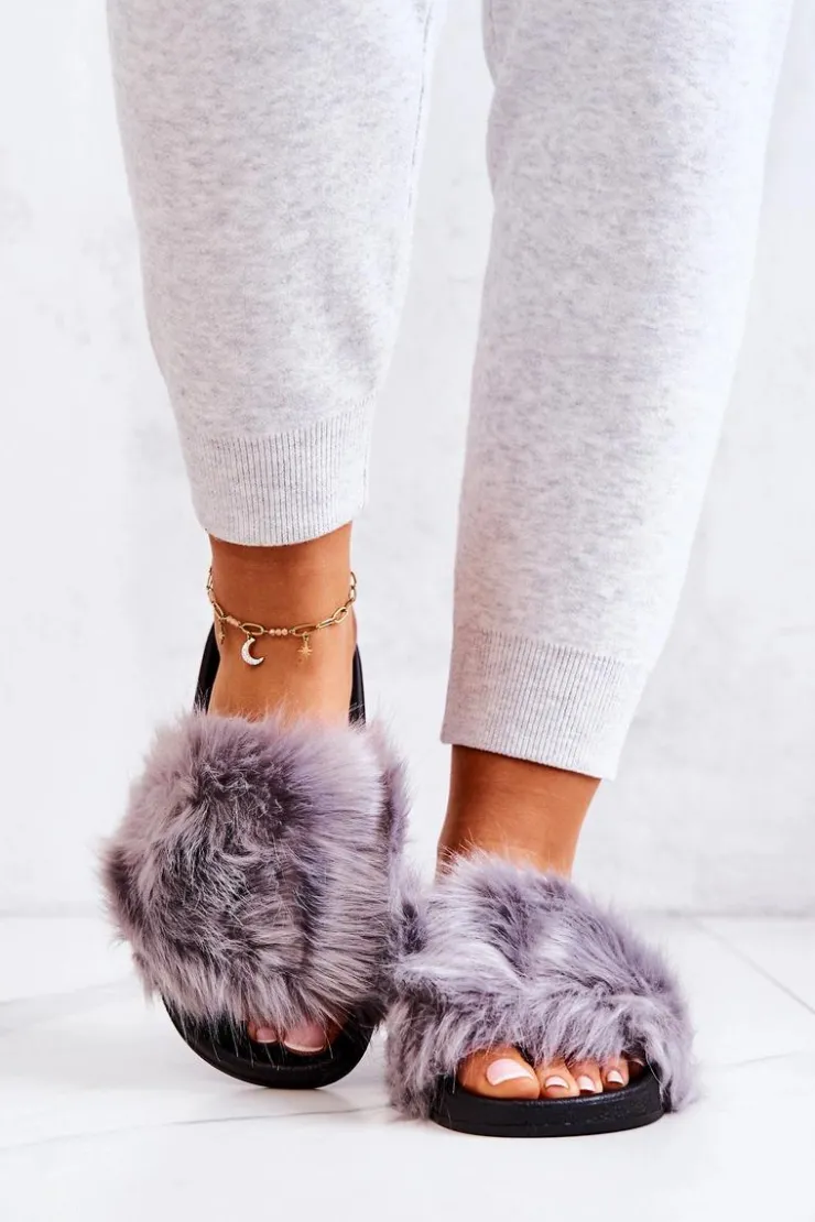 Damskie Boto Klapki Z Futerkiem Gumowe Szare Pollie