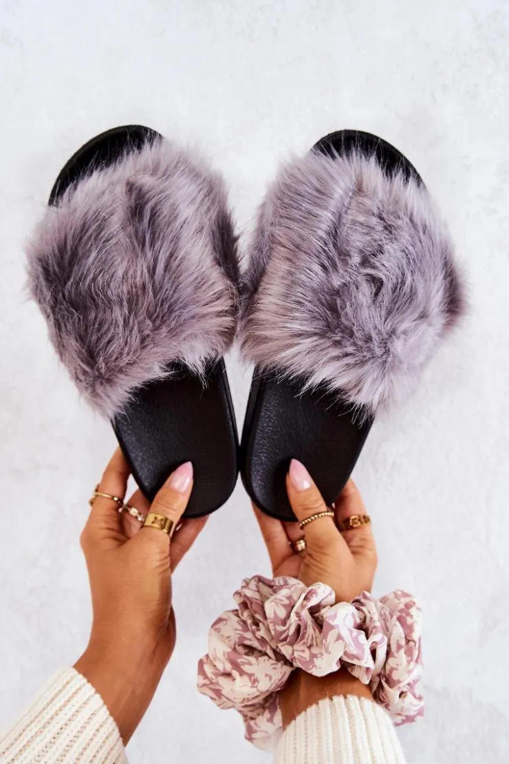 Damskie Boto Klapki Z Futerkiem Gumowe Szare Pollie