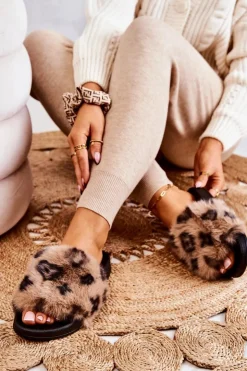 New Boto Klapki Z Futerkiem Gumowe Panterka Brązowe Noelle