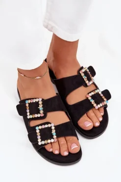 Damskie Boto Klapki Z Klamrami Na Płaskim Obcasie Czarne Tovira