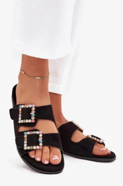 Damskie Boto Klapki Z Klamrami Na Płaskim Obcasie Czarne Tovira