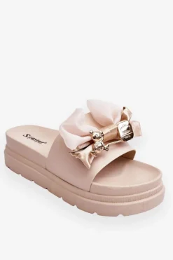 Damskie Boto Klapki Z Kokardą I Ozdobnym Misiem Beżowe Suzy