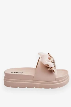 Damskie Boto Klapki Z Kokardą I Ozdobnym Misiem Beżowe Suzy