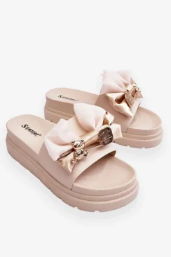 Damskie Boto Klapki Z Kokardą I Ozdobnym Misiem Beżowe Suzy