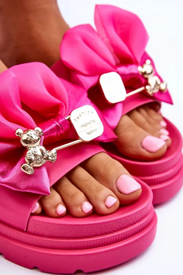 Damskie Boto Klapki Z Kokardą I Ozdobnym Misiem Fuksja Suzy