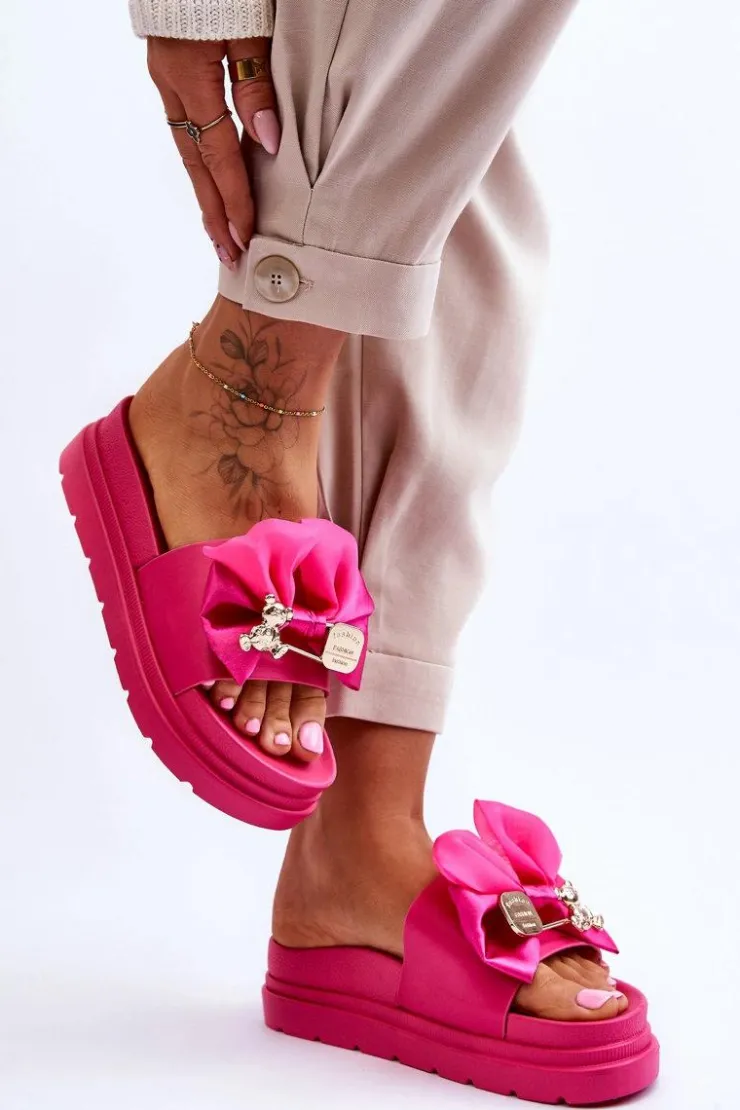 Damskie Boto Klapki Z Kokardą I Ozdobnym Misiem Fuksja Suzy