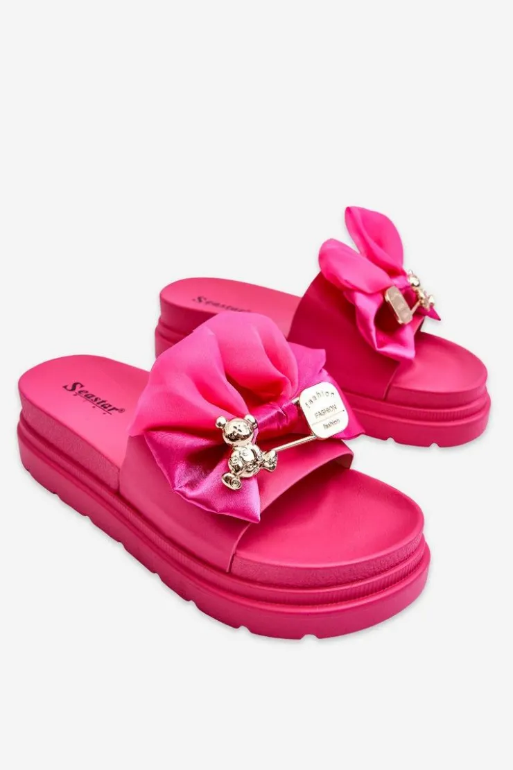 Damskie Boto Klapki Z Kokardą I Ozdobnym Misiem Fuksja Suzy