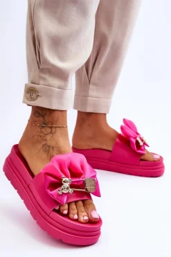 Damskie Boto Klapki Z Kokardą I Ozdobnym Misiem Fuksja Suzy