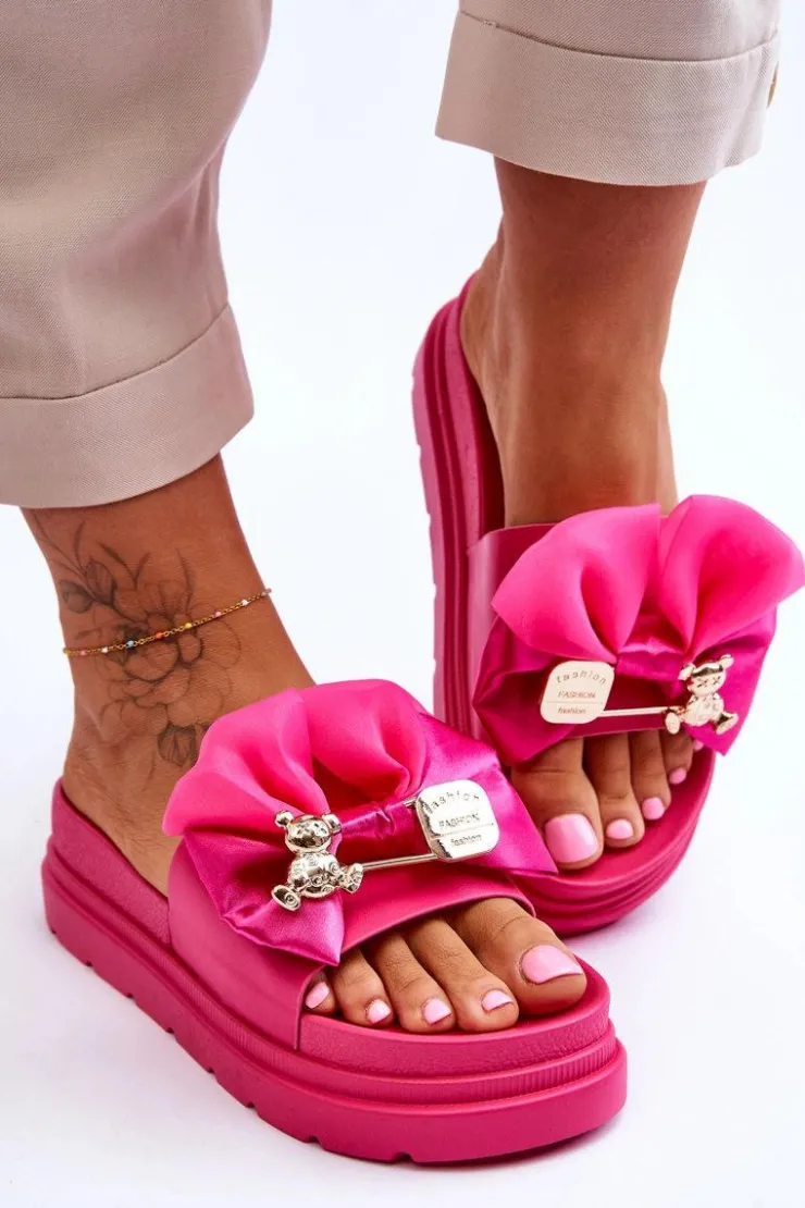 Damskie Boto Klapki Z Kokardą I Ozdobnym Misiem Fuksja Suzy