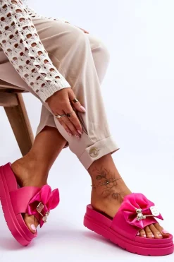 Damskie Boto Klapki Z Kokardą I Ozdobnym Misiem Fuksja Suzy