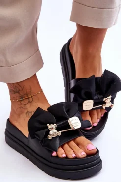 Clearance Boto Klapki Z Kokardą I Ozdobnym Misiem Czarne Suzy