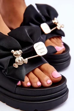 Clearance Boto Klapki Z Kokardą I Ozdobnym Misiem Czarne Suzy