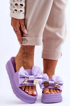 Boto Klapki Damskie Klasyczne*Klapki Z Kokardą I Ozdobnym Misiem Fioletowe Suzy