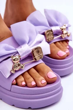 Boto Klapki Damskie Klasyczne*Klapki Z Kokardą I Ozdobnym Misiem Fioletowe Suzy