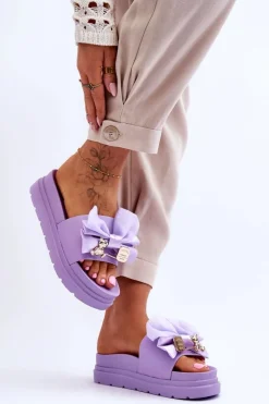 Boto Klapki Damskie Klasyczne*Klapki Z Kokardą I Ozdobnym Misiem Fioletowe Suzy