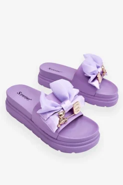 Boto Klapki Damskie Klasyczne*Klapki Z Kokardą I Ozdobnym Misiem Fioletowe Suzy
