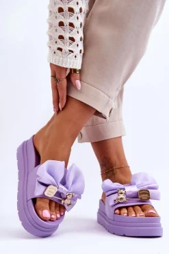 Boto Klapki Damskie Klasyczne*Klapki Z Kokardą I Ozdobnym Misiem Fioletowe Suzy