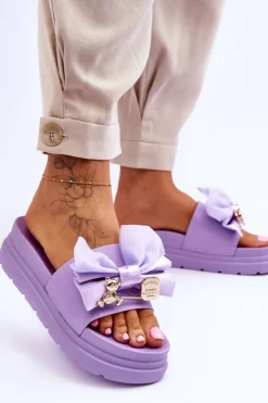 Boto Klapki Damskie Klasyczne*Klapki Z Kokardą I Ozdobnym Misiem Fioletowe Suzy