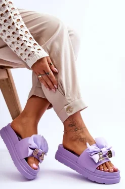 Boto Klapki Damskie Klasyczne*Klapki Z Kokardą I Ozdobnym Misiem Fioletowe Suzy