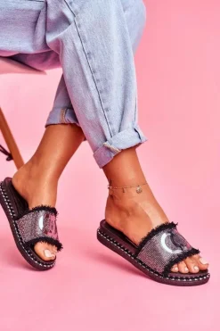 Damskie Boto Klapki Z Kryształkami Na Platformie Czarne Candy Man