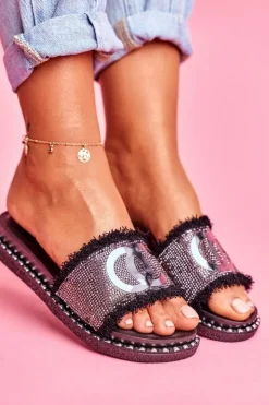 Damskie Boto Klapki Z Kryształkami Na Platformie Czarne Candy Man