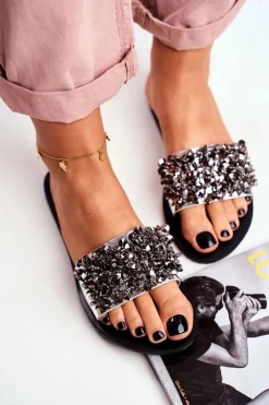 Boto Klapki Damskie Klasyczne*Klapki Z Metalowymi Ozdobami Lu Boo Srebrne