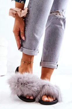 Damskie Boto Klapki Z Naturalnym Futerkiem Szare Naturimo