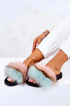 Boto Klapki Z Futerkiem|Klapki Damskie Klasyczne*Klapki Z Naturalnym Futerkiem Różowo-Zielone Naturis