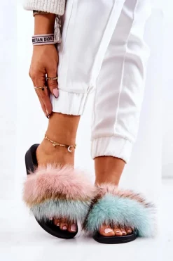 Boto Klapki Z Futerkiem|Klapki Damskie Klasyczne*Klapki Z Naturalnym Futerkiem Różowo-Zielone Naturis