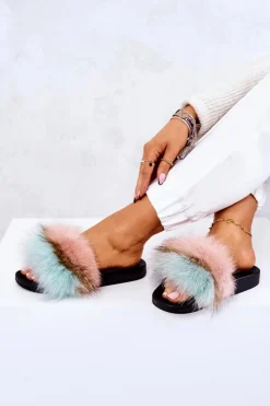 Boto Klapki Z Futerkiem|Klapki Damskie Klasyczne*Klapki Z Naturalnym Futerkiem Różowo-Zielone Naturis