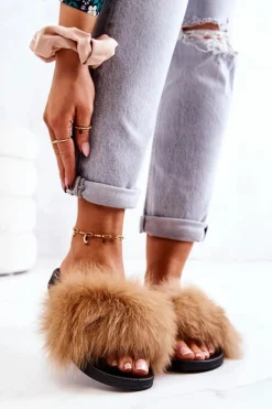 Boto Klapki Z Futerkiem|Klapki Damskie Klasyczne*Klapki Z Naturalnym Futerkiem Camel Naturimo