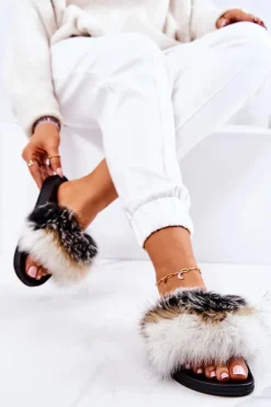 Damskie Boto Klapki Z Naturalnym Futerkiem Biało-Czarne Naturis