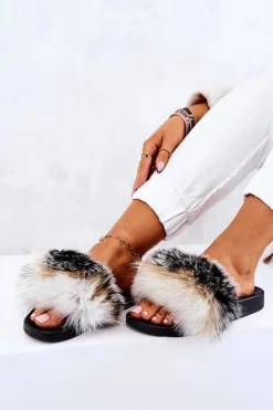 Damskie Boto Klapki Z Naturalnym Futerkiem Biało-Czarne Naturis