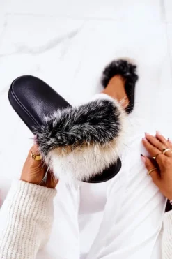 Damskie Boto Klapki Z Naturalnym Futerkiem Biało-Czarne Naturis