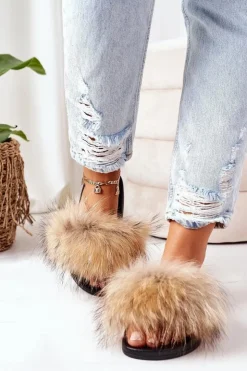 Boto Klapki Z Futerkiem|Klapki Damskie Klasyczne*Klapki z Naturalnym Futerkiem Beżowe Elsa