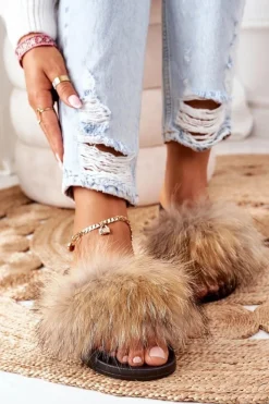 Boto Klapki Z Futerkiem|Klapki Damskie Klasyczne*Klapki z Naturalnym Futerkiem Beżowe Elsa