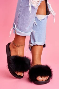 Best Boto Klapki z Naturalnym Futerkiem Czarne Naturis