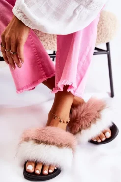 Boto Klapki Z Futerkiem|Klapki Damskie Klasyczne*Klapki Z Naturalnym Futerkiem Biało-Różowe Naturis