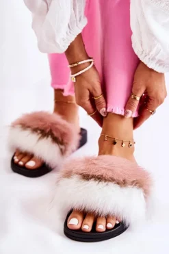 Boto Klapki Z Futerkiem|Klapki Damskie Klasyczne*Klapki Z Naturalnym Futerkiem Biało-Różowe Naturis