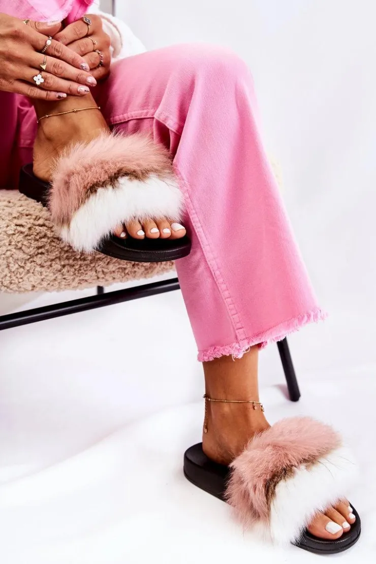 Boto Klapki Z Futerkiem|Klapki Damskie Klasyczne*Klapki Z Naturalnym Futerkiem Biało-Różowe Naturis