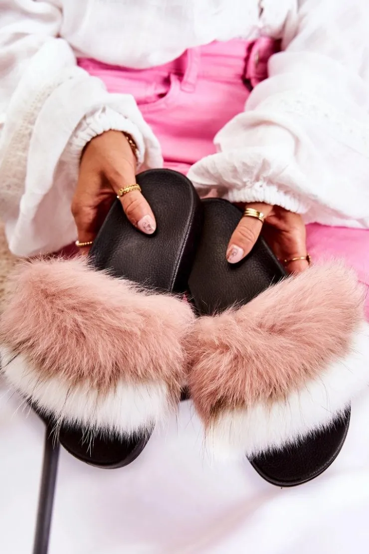 Boto Klapki Z Futerkiem|Klapki Damskie Klasyczne*Klapki Z Naturalnym Futerkiem Biało-Różowe Naturis