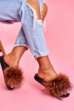 Boto Klapki Z Futerkiem|Klapki Damskie Klasyczne*Klapki Z Naturalnym Futerkiem Brązowe Elsa