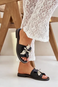 Hot Boto Klapki Z Ozdobą Skóra Naturalna Zazoo 3574/Z Czarne Czarny