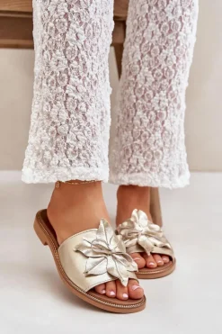 Hot Boto Klapki Z Ozdobą Skóra Naturalna Zazoo 3667 Złote Złoty