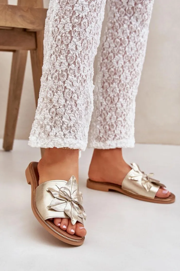 Hot Boto Klapki Z Ozdobą Skóra Naturalna Zazoo 3667 Złote Złoty