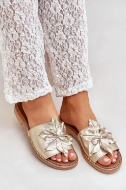 Hot Boto Klapki Z Ozdobą Skóra Naturalna Zazoo 3667 Złote Złoty