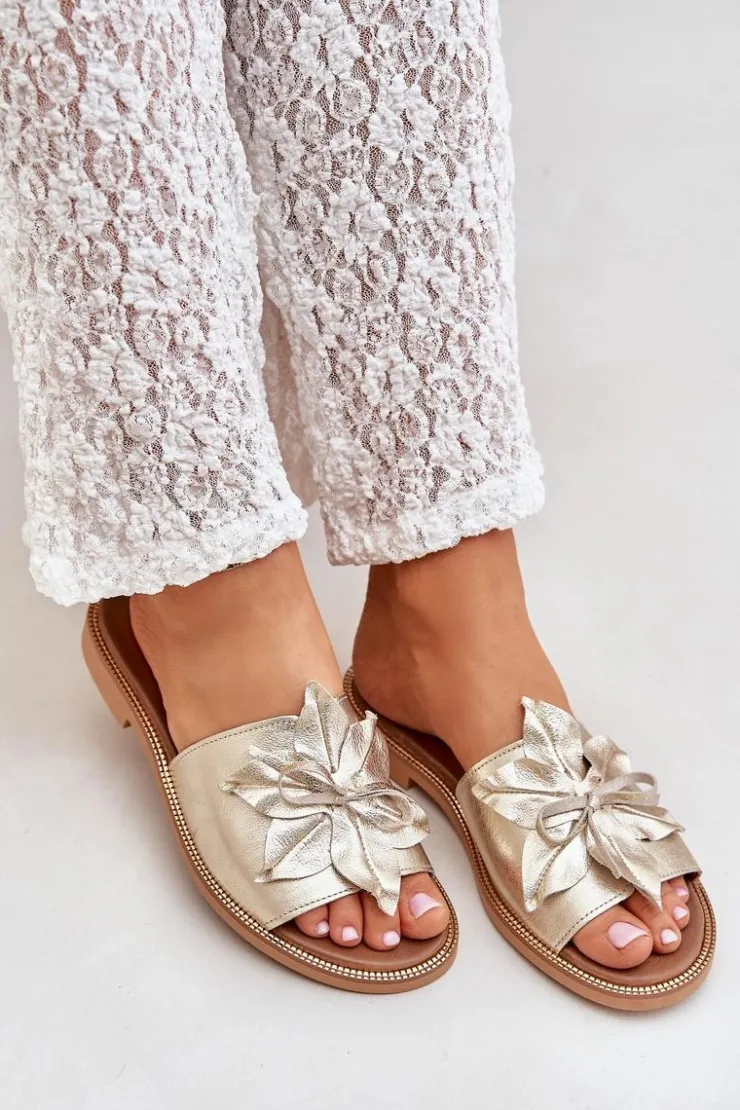 Hot Boto Klapki Z Ozdobą Skóra Naturalna Zazoo 3667 Złote Złoty