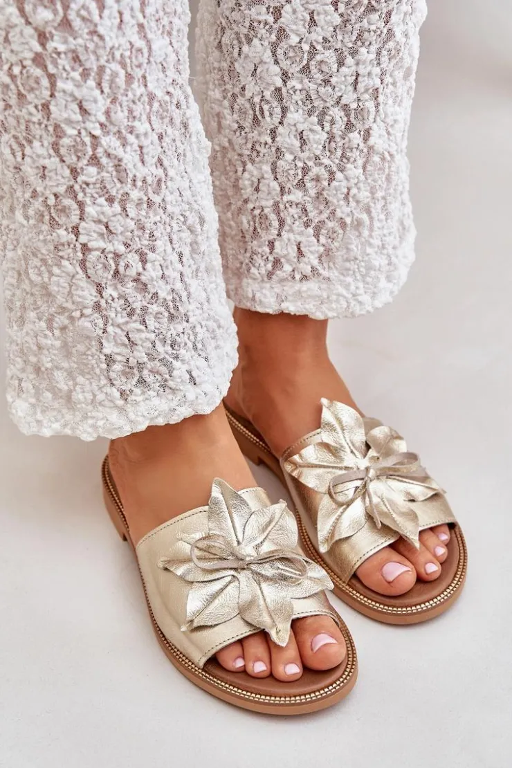 Hot Boto Klapki Z Ozdobą Skóra Naturalna Zazoo 3667 Złote Złoty