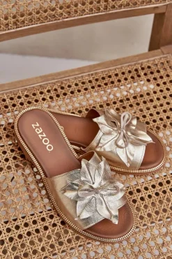 Hot Boto Klapki Z Ozdobą Skóra Naturalna Zazoo 3667 Złote Złoty