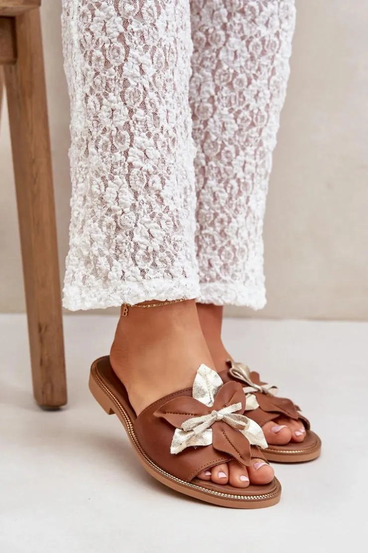 Damskie Boto Klapki Z Ozdobą Skóra Naturalna Zazoo 3574/Z Camel